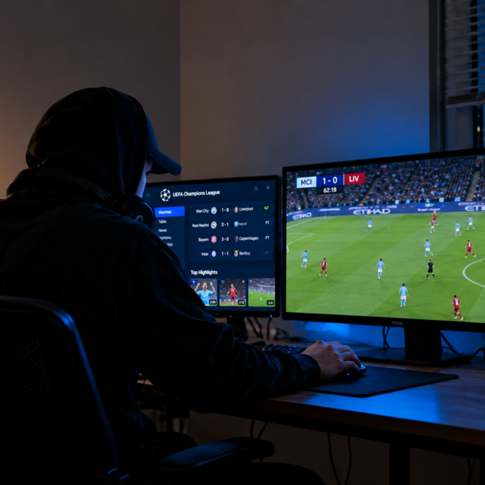 Muž v kapuci sleduje na dvou monitorech fotbalový zápas a výsledky.