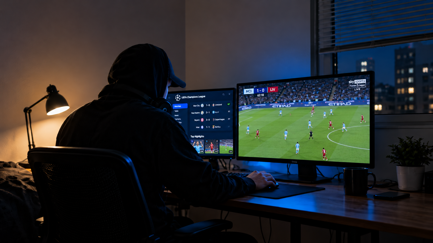 Noční fotbal u dvou monitorů Muž v kapuci sleduje na dvou monitorech fotbalový zápas a výsledky.